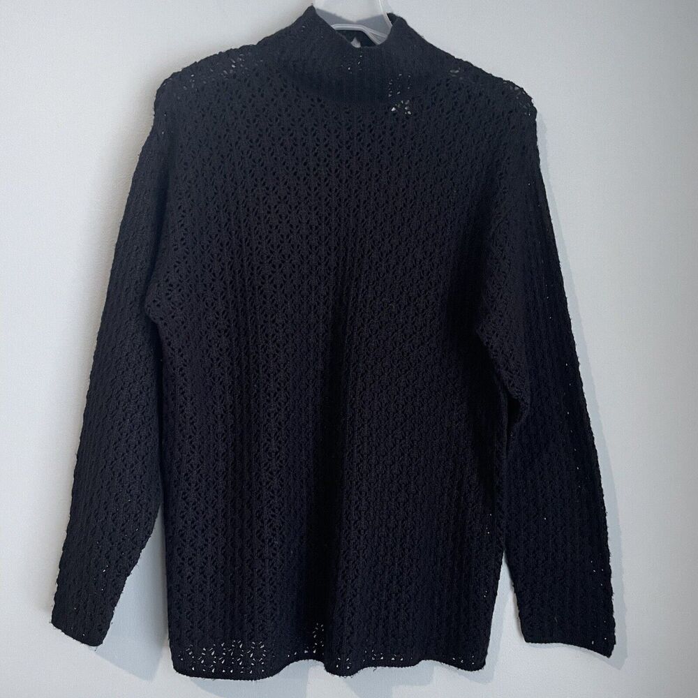 Garnet Hill Silk Cashmere Crochet Sweater Size Small Mock Neck Black Preppy